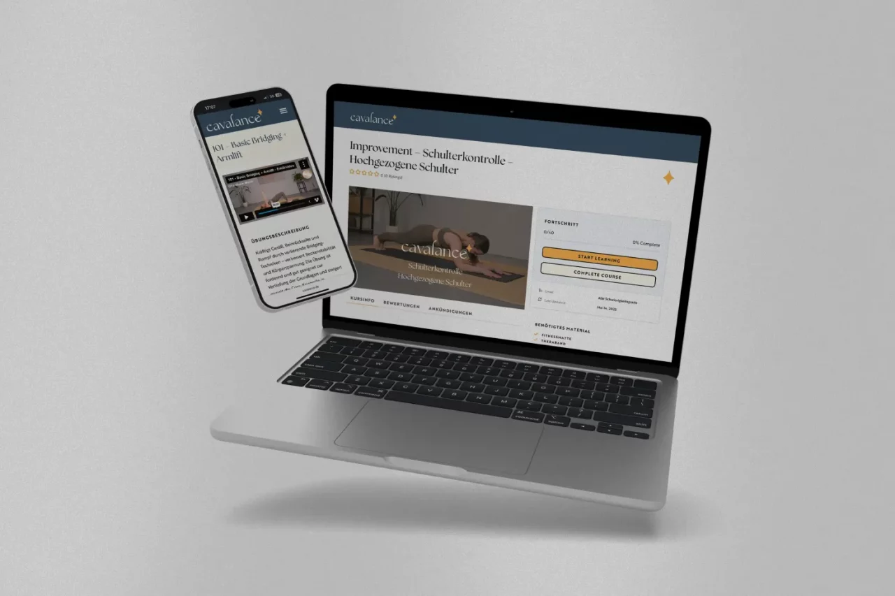 Web-Design für das Portal Cavalance, Darstellung einer mobilen Ansicht und der Desktop Ansicht des Trainingsportals auf einem Smartphone und Laptop